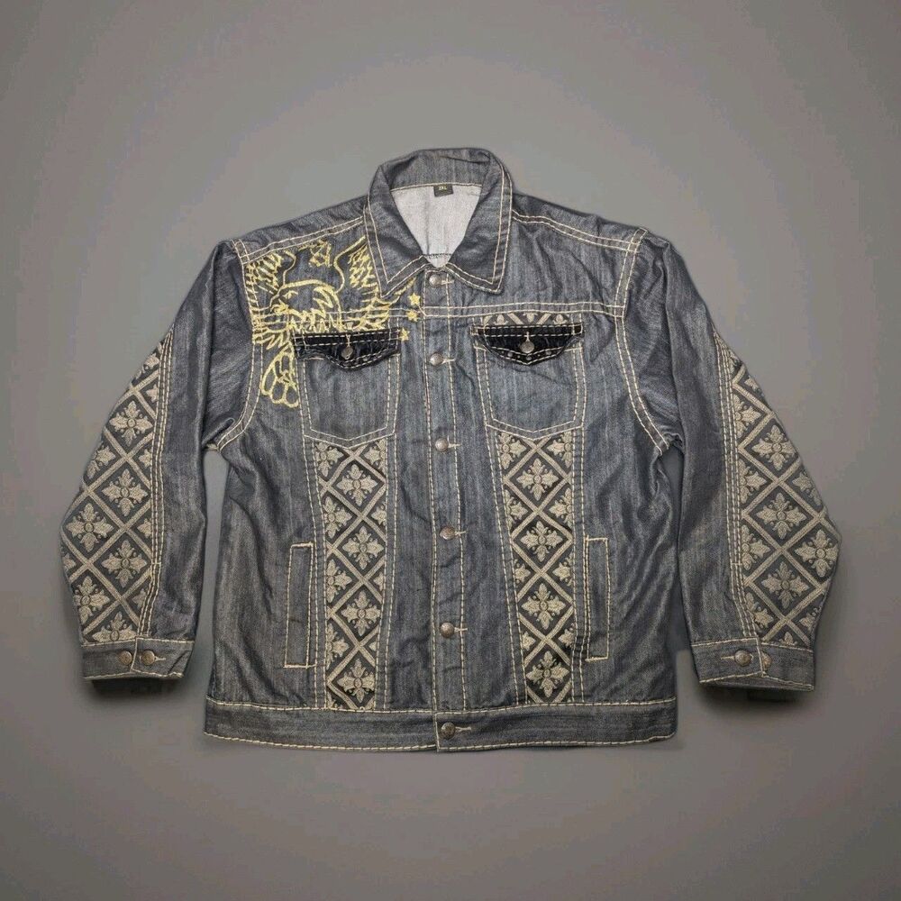 Men’s Embellished Denim Jacket Cross Back Embroidered Gold Stitching Size 3XL